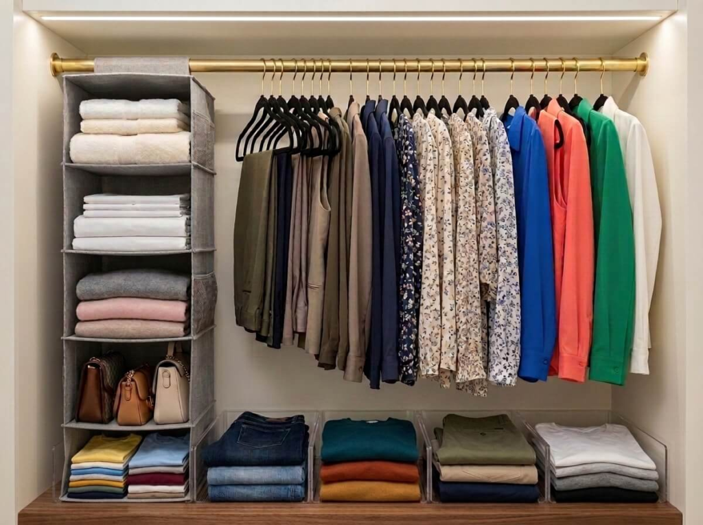 Small bedroom closet with clothing hanging shelf organizer, slim velvet hangers color-organized and closet dividers to prevent folded clothes from toppling