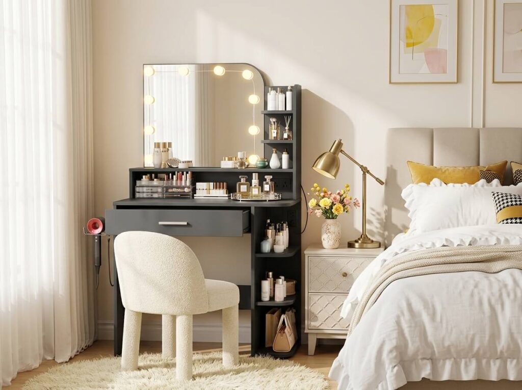 Feminine vanity station in small bedroom with Hollywood LED mirror skincare organizer perfume tray and flowers