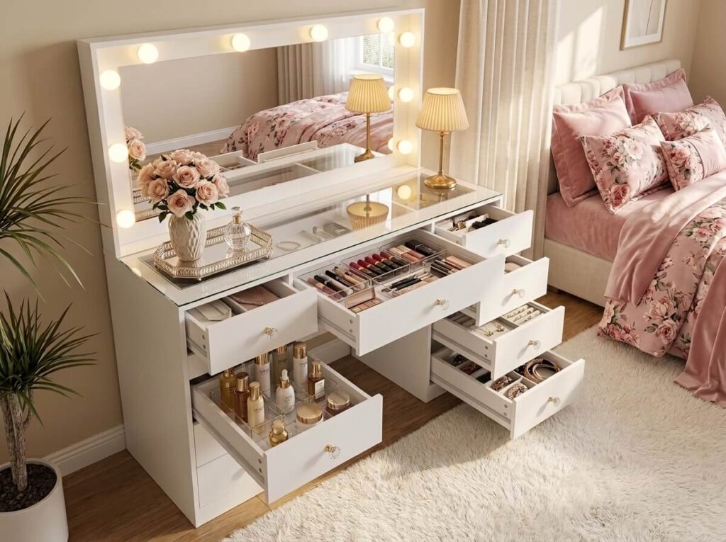 Beautiful glass top vanity looking expensive in a small bedroom with many drawers for makeup, skincare and accessories