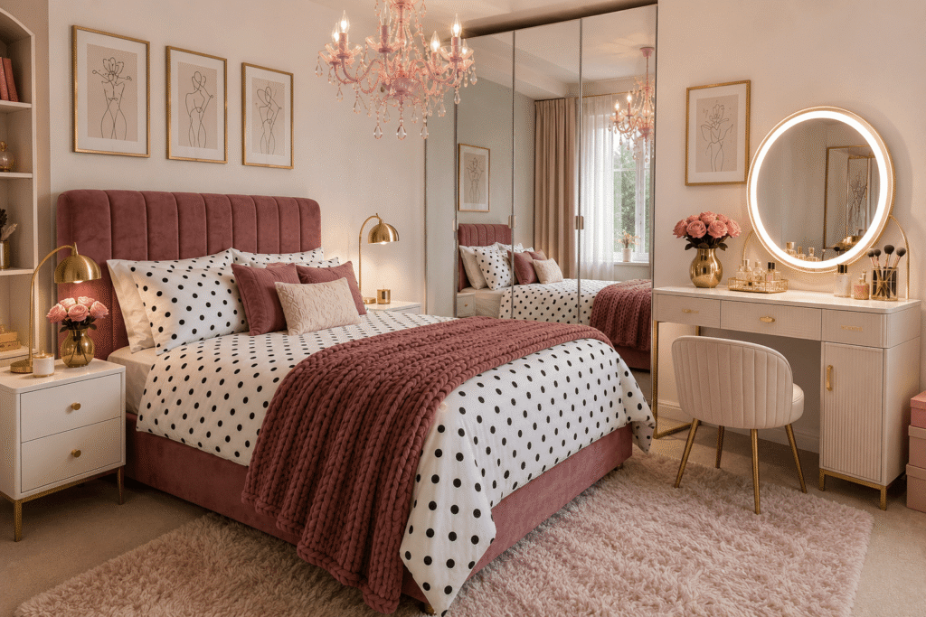 Small bedroom looking expensive with with polka dot bedding, Fluted vanity with gold hardware LED mirror mirrored tray and fresh pink roses in gold vase