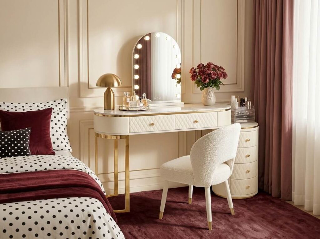 Small bedroom with polka dot bedding, Fluted vanity with gold hardware LED mirror mirrored tray and fresh pink roses in gold vase