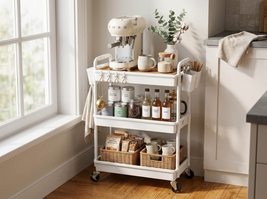 A rolling cart coffee station for a small kitchen