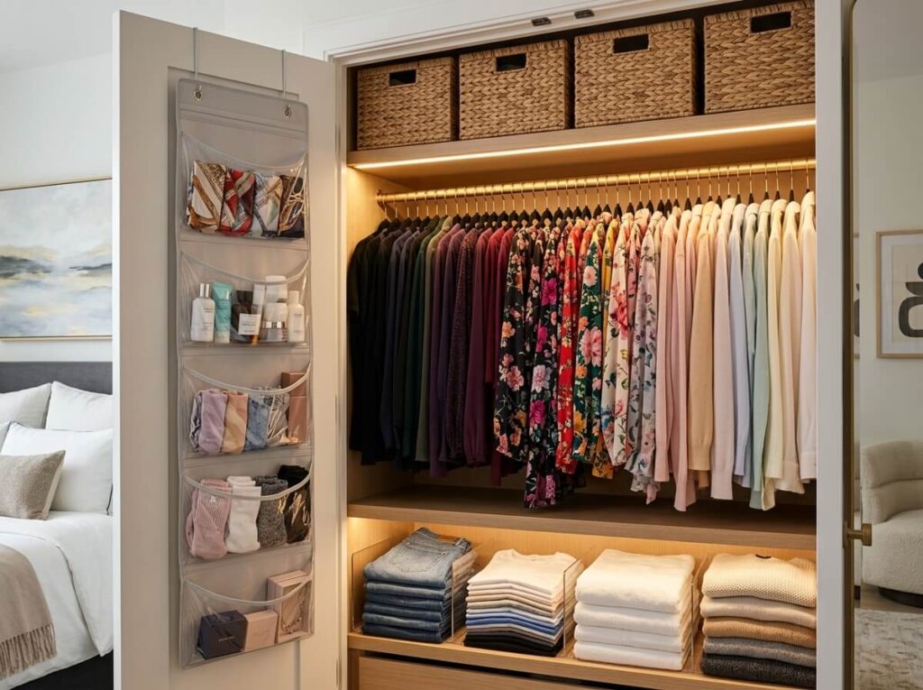 Tiny closet organization ideas Organized small closet with slim velvet hangers color-organized clothing hanging shelf organizer labeled baskets on top shelf and over-door organizer