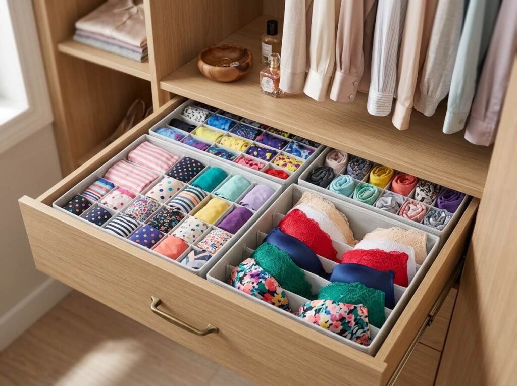 Tiny closet organization showing a drawer organizer Set for Underwear, Socks, Bras and Underwear
